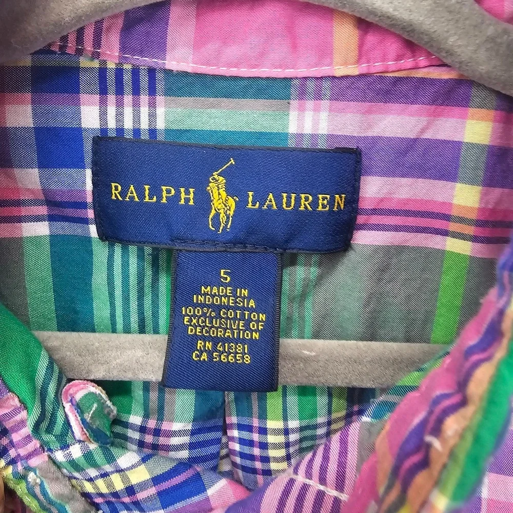 Ralph Lauren Madras Boys Shirt 5 Pink Green Plaid Button Down Pony Summer School